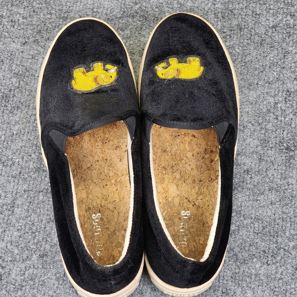 Soludos Black Velvet Slip On Flats Sneakers Gold Embroidered Elephants Size 8.5 - Picture 4 of 6